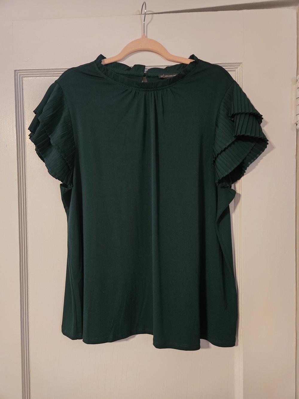Adrianna Papell Forest Green Pleated Ruffle Sleeve Blouse